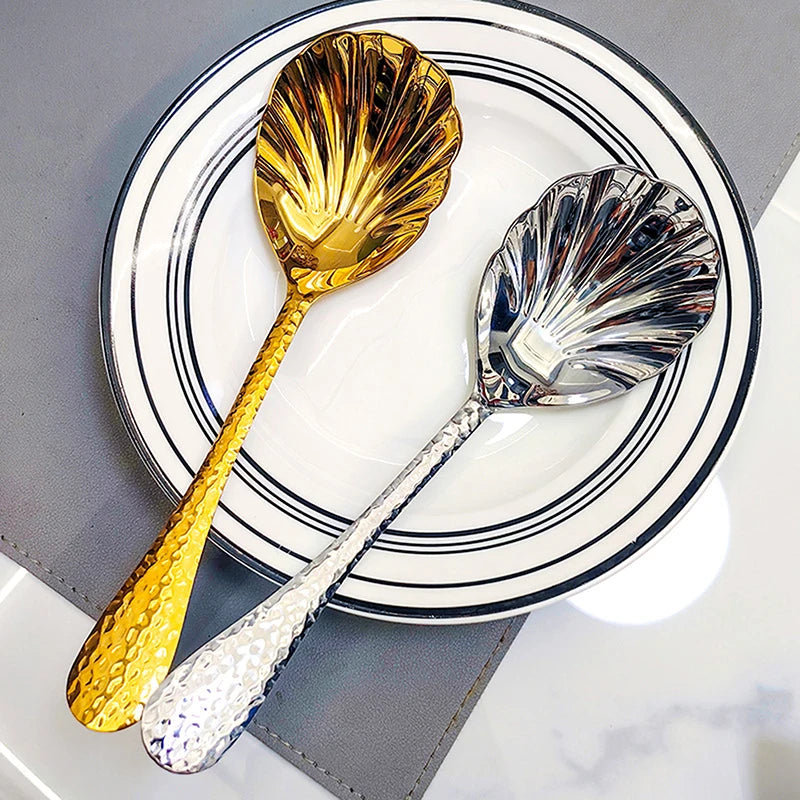 Large Shell-Shaped Stainless Steel Serving Spoons Fan-Design Vegetable Soup Spoons for Family Parties And Restaurant Use