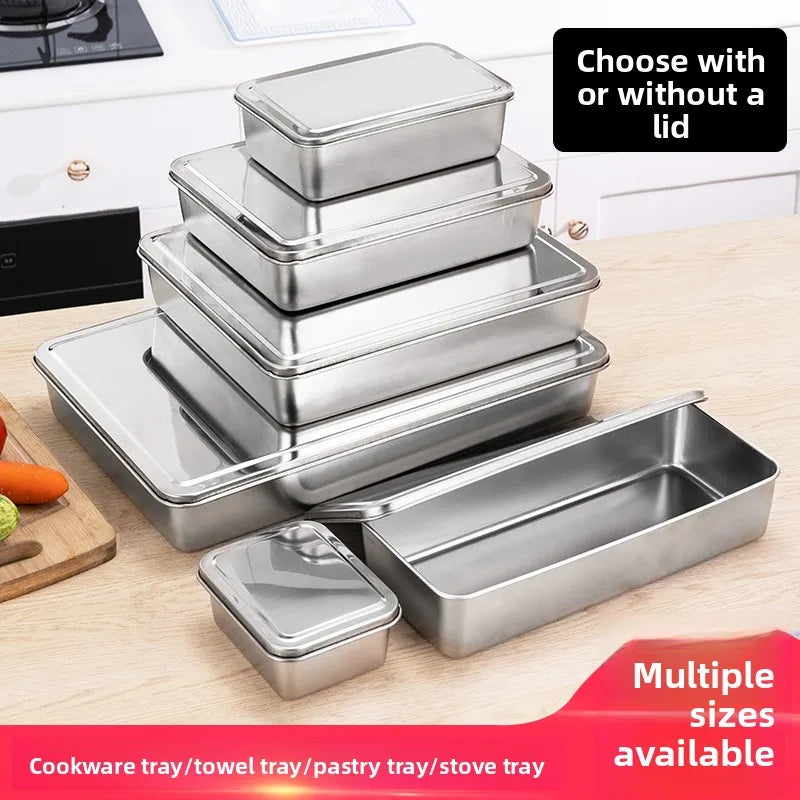 Stainless Steel Thickened Flat Bottom Rectangular Dish with Lid for Baking Steaming Dessert Dish Restaurant Fast Food Platter