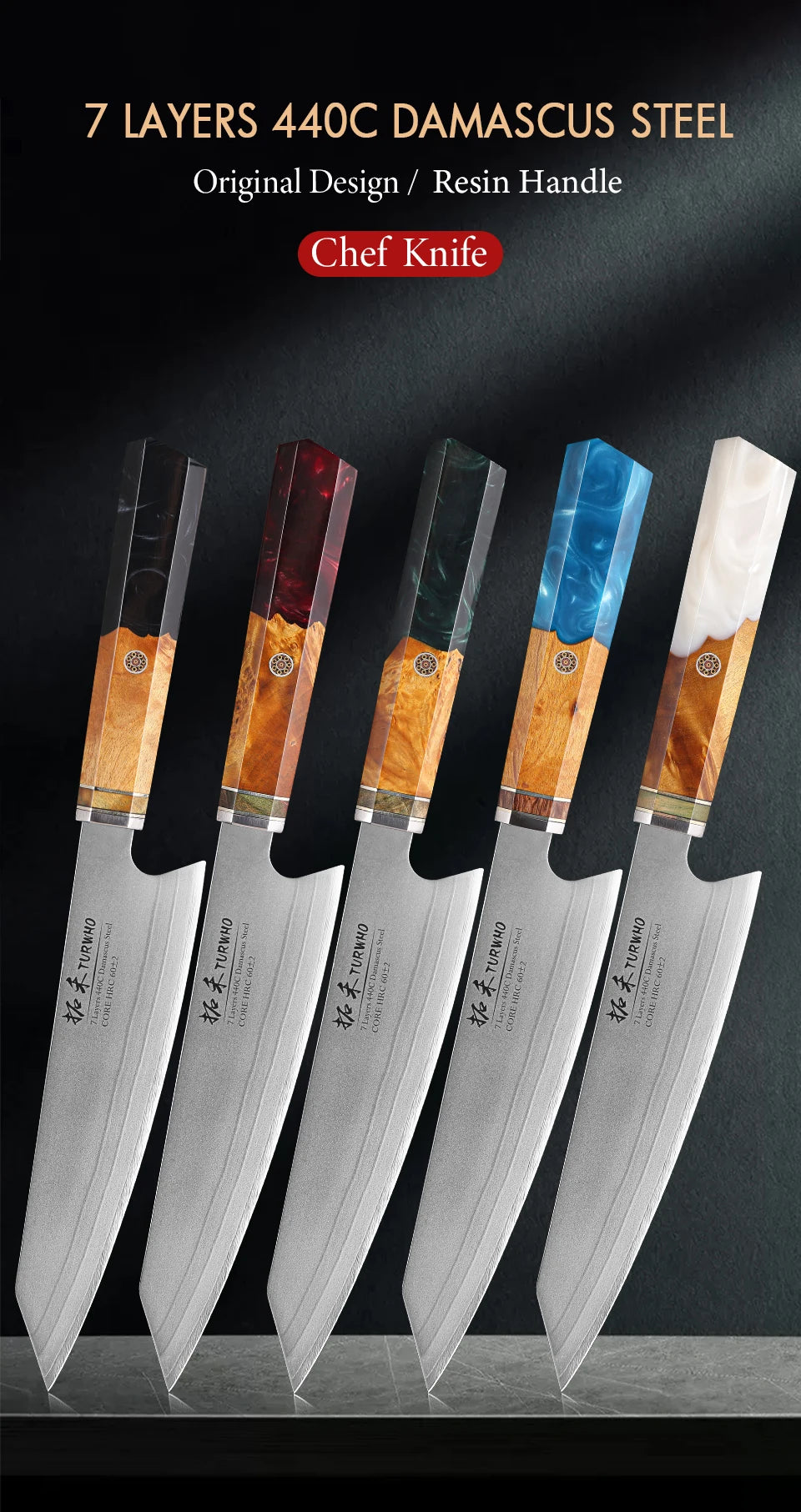 TURWHO 8" Japanese Kiritsuke Knife 7 Layer 440C Damascus Steel Hand Forged Meat Cleaver Kitchen Chef Knives Sharp Cooking Tools