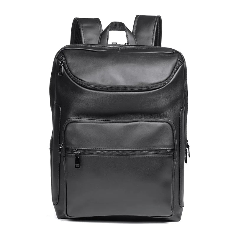 Men's 15.6 Inch Business Laptop Backpack Black Premium Cowhide Leather for Commuter Casual Student Office Travel