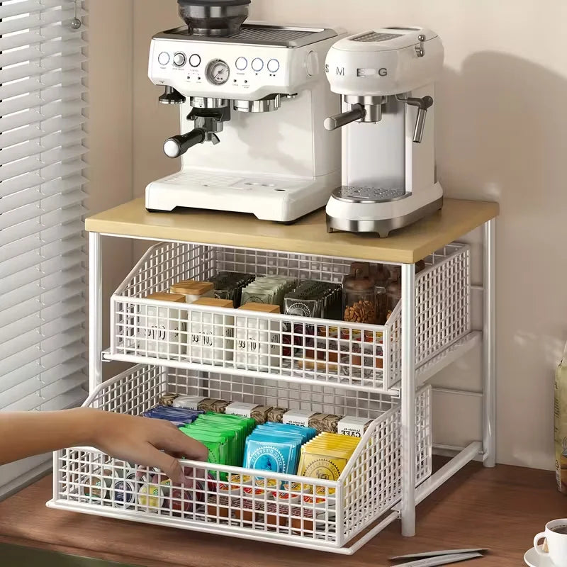 1 space saving kitchen countertop storage rack with drawers and metal baskets - sturdy multi-layer storage rack