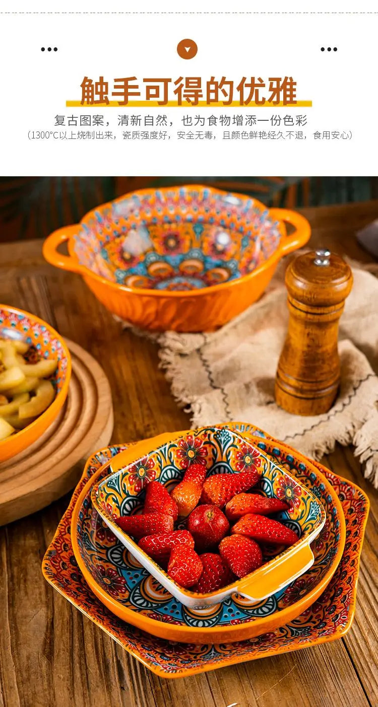 Bohemia Ceramic Rice Bowl Serving Plate Creative Ceramic Cutlery Soup Noodle Bowl Household Handle Bowl Sauce Dish
