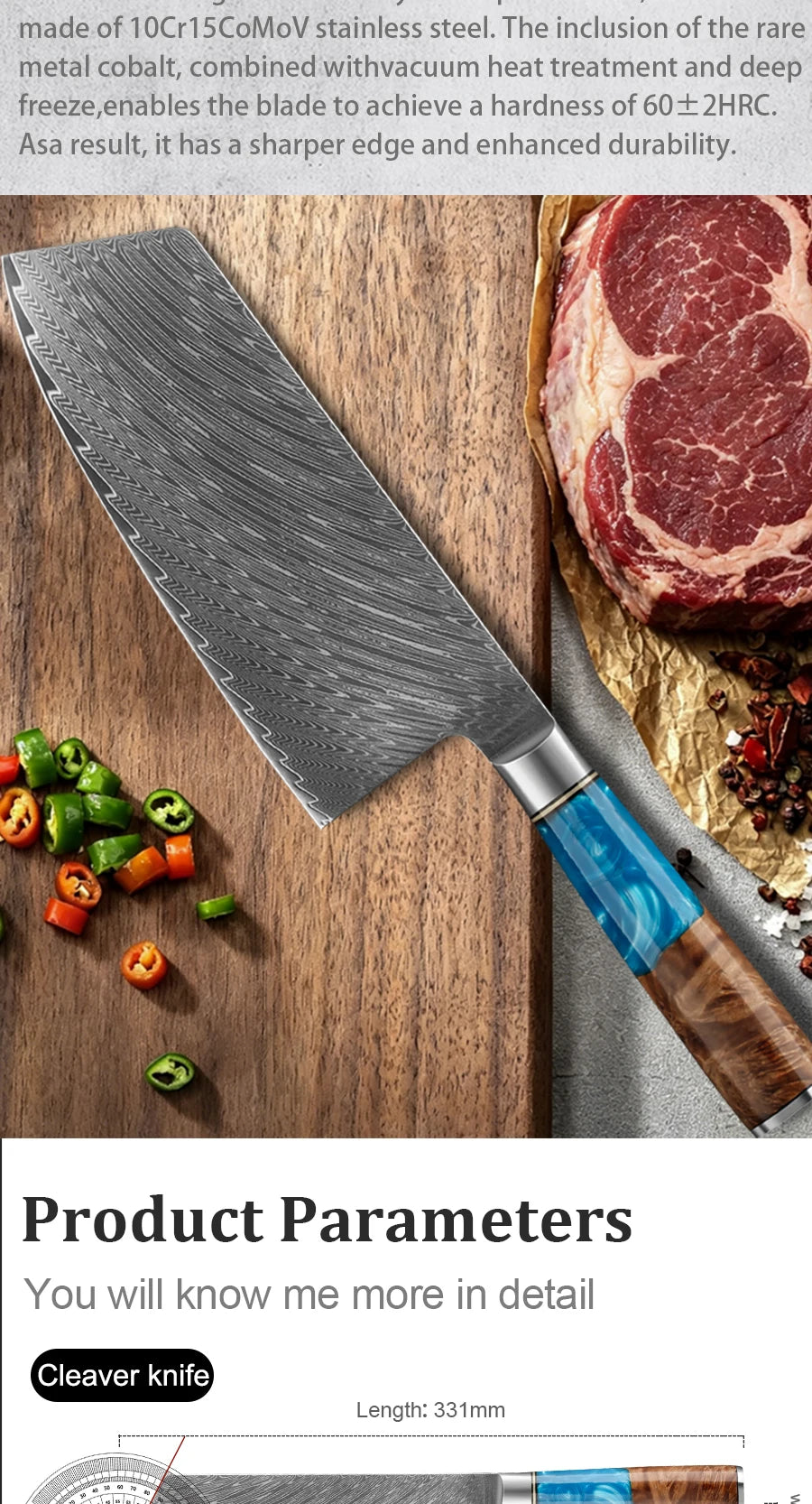 Kitchen Knives-Set Damascus Steel Cleaver Knife Nakiri Knife Meat Vegetable Blue Resin Handle set
