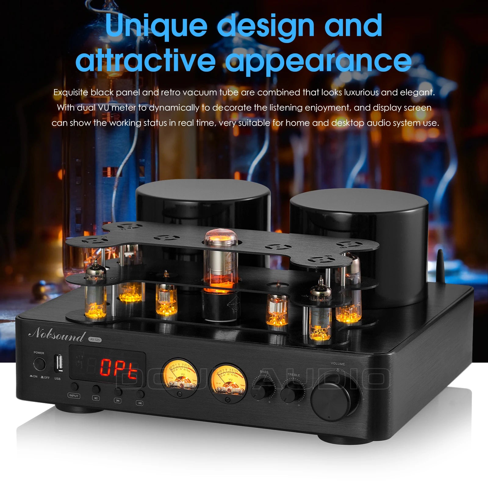 Nobsound HiFi Hybird Stereo Valve Tube Amplifier Bluetooth 5.0 Audio Receiver COAX / OPT Power Amp USB Player