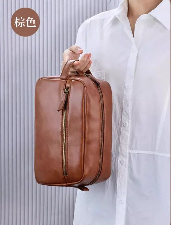 Men Business Travel Wash Toiletry Bag Waterproof PU Leather Bathroom Shaving Tools Organizer Bag Makeup Pouch Women Cosmetic Bag