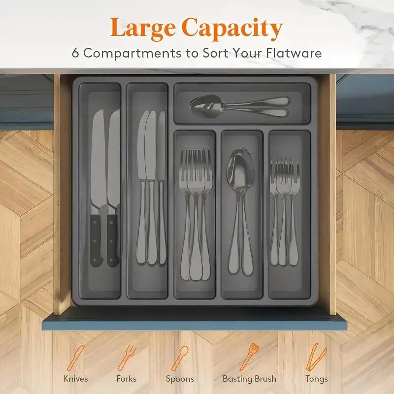 Silverware Organizer with Lid Covered Utensil Tray for Kitchen Plastic Cutlery and Flatware Storage Box for Spoons Forks Knives