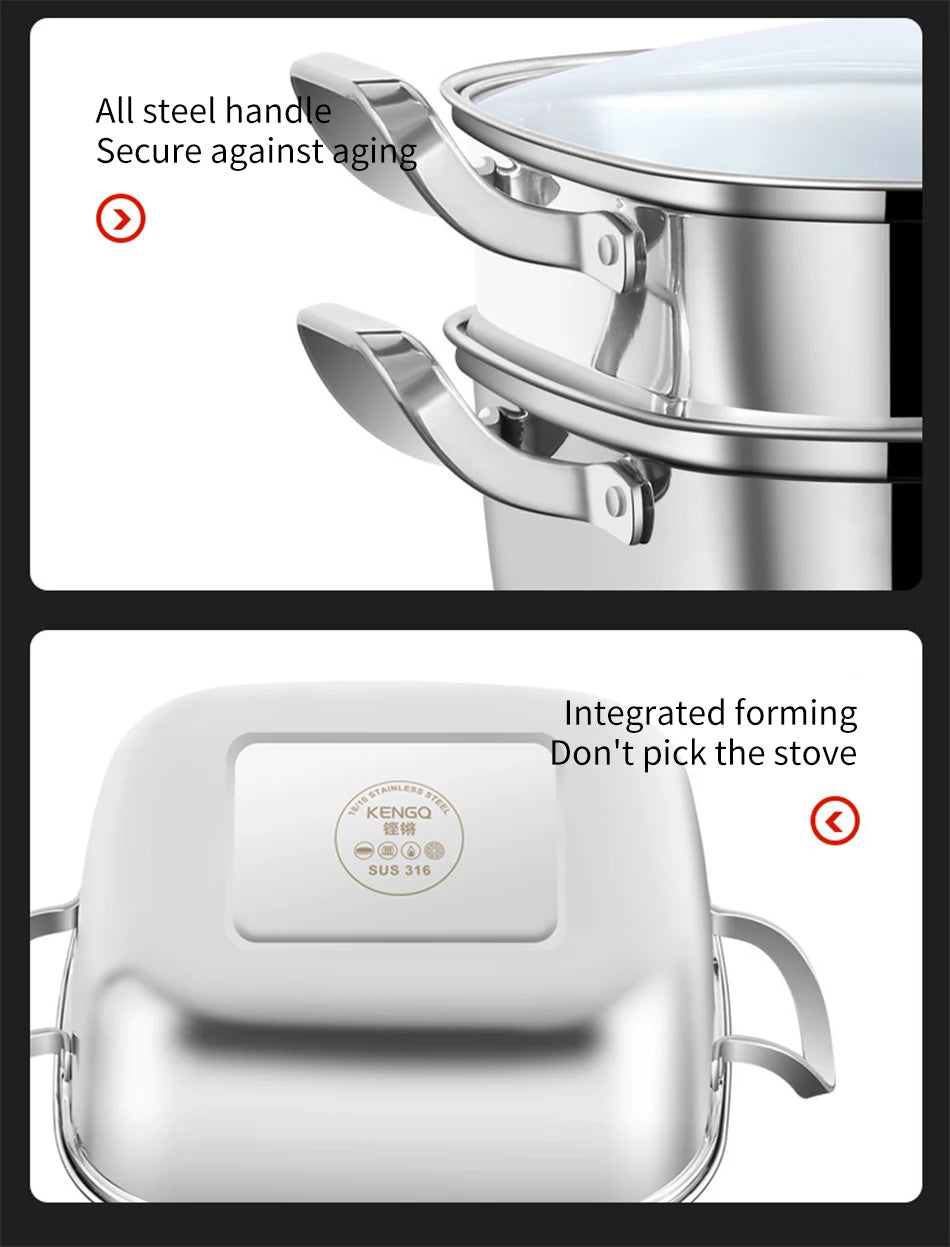 Household Square Steamer 316 Stainless Steel Thickened Three-Layer Steamer Tray Multifunctional for Gas & Electromagnetic Use