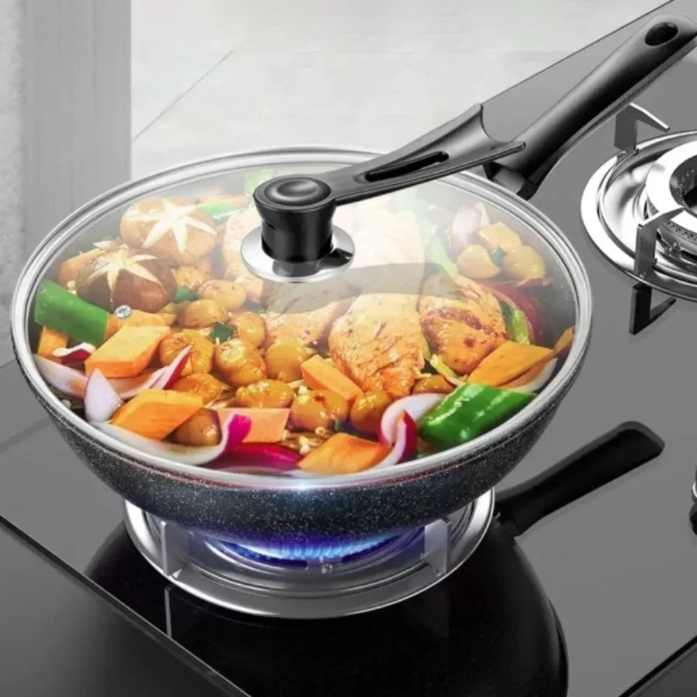 Kitchen Cookware Non-Stick Stir-Fry Pan Universal with Lid Skillet Flat Bottomed Frying Pan Cooking
