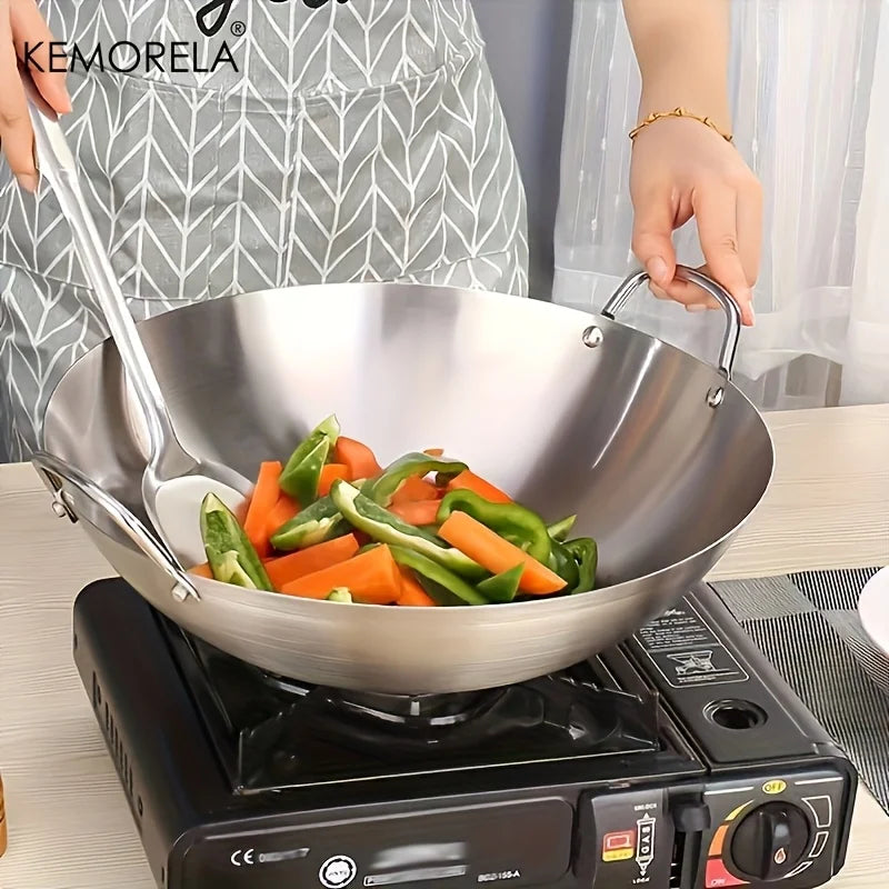1PCS Stainless Steel Wok Uncoated 26/28/30/32/34cm High Quality Double Handle Chef Pan Suitable for Home Stir-fried beef Cooking
