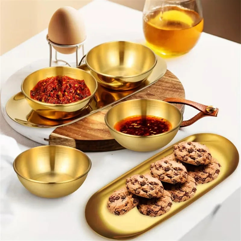 3/6/9/12pcs Golden Sauce Bowl Serving Tray Set Stainless Steel Seasoning Cup Sushi Dipping Bowl Serving Tray Snack Dish Plate
