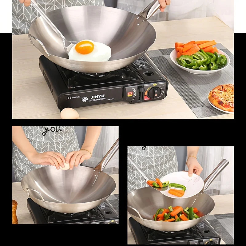 1PCS Large Stainless Steel Wok, Uncoated Thick High-Quality Durable Chef'S Pan with Dual Handles, Easy to Clean for Commercial