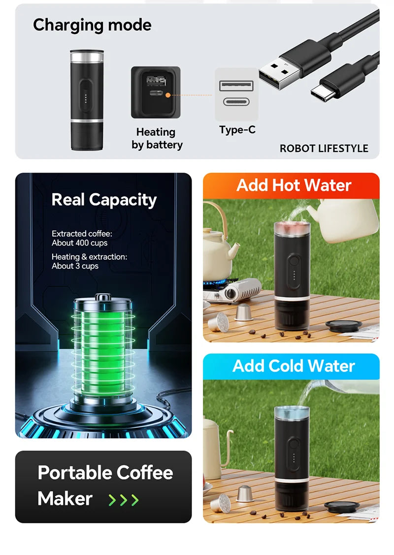 2-In-1 Portable Coffee Maker Fit Capsule Coffee Powder 1800mAh Battery for Outdoor Camping Travel Hotel Office