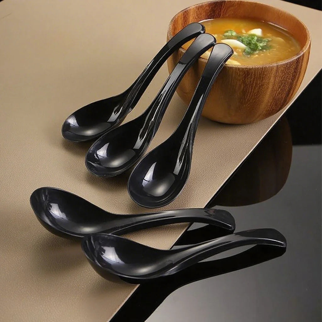 6 black spoons, suitable for soups, desserts - suitable for family gatherings, birthday parties, outdoor camping picnics, etc
