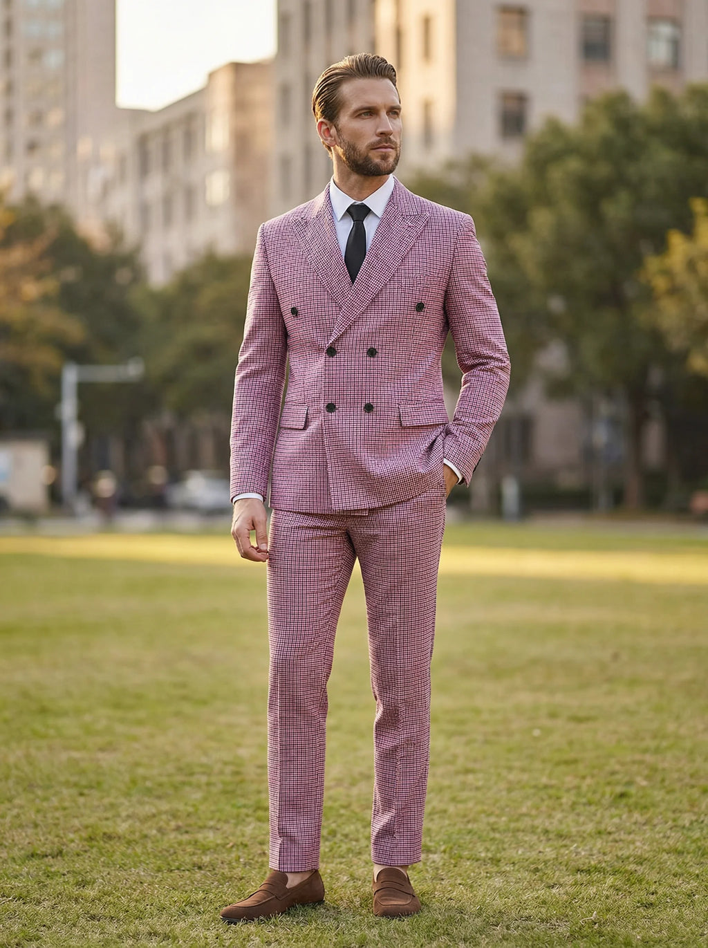 Men's Business Suits 2 Pieces Double Breasted Regular Fit Notch Lapel Plaid Wool Prom Tuxedos For Wedding (Blazer+Pants)