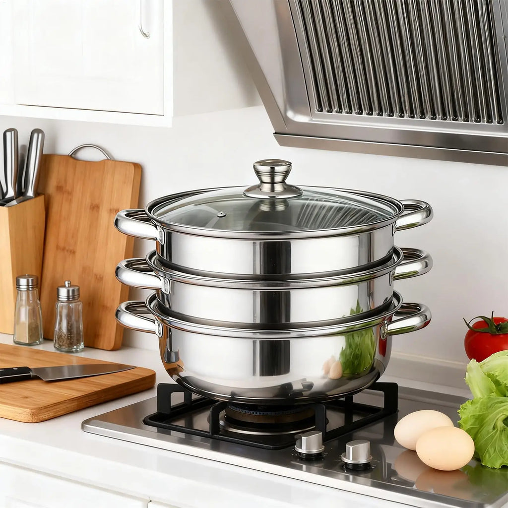 Steamer Pot for Cooking, Glass Lid Multi-Functional Stainless Steel Kitchen Cooking Steamer for Family Gathering Meal Prep