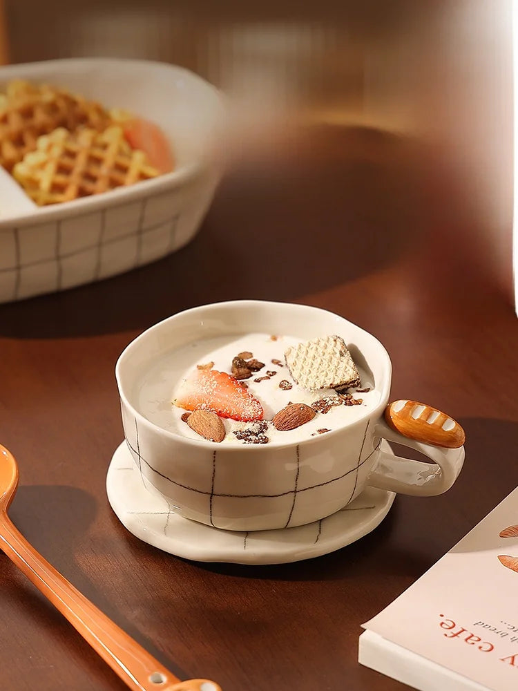 Beautiful Ceramic Breakfast Plate Dinnerware Set Coffee Cup Divided Plate Korean Style Casual Cartoon Pattern Home Use