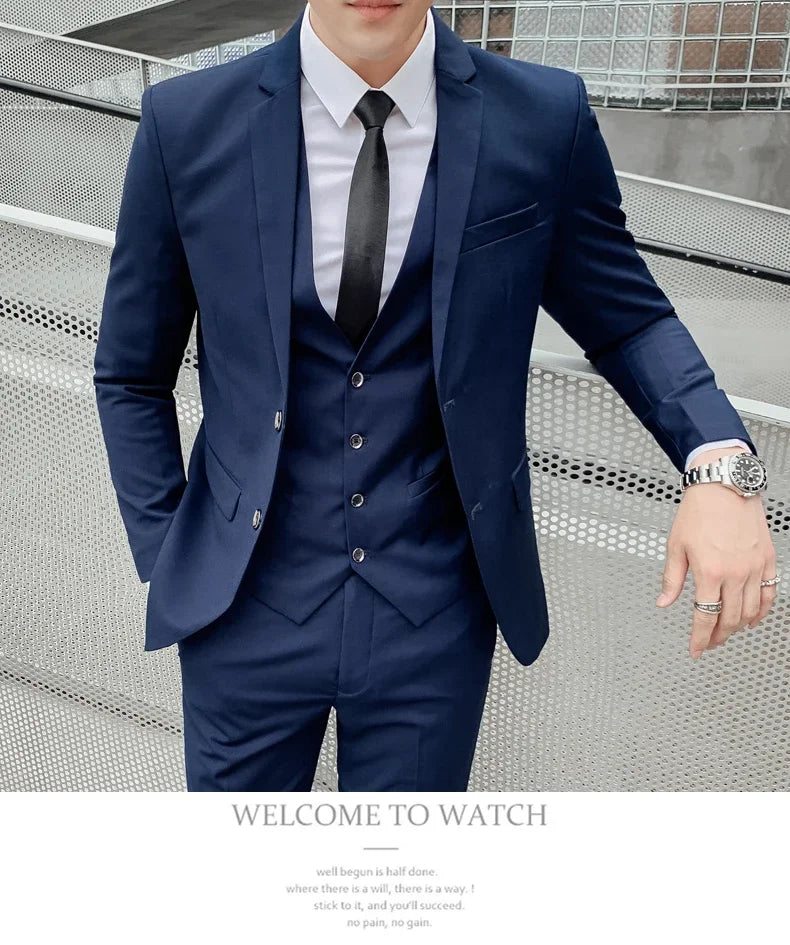 Suit Men's (Blazer+ Vest + Pants) 2025 Business Gentleman Fashionable and Fitted Casual Work Solid-color Wedding Best Man Suit