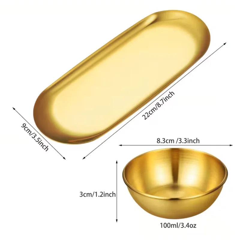 3/6/9/12pcs Golden Sauce Bowl Serving Tray Set Stainless Steel Seasoning Cup Sushi Dipping Bowl Serving Tray Snack Dish Plate