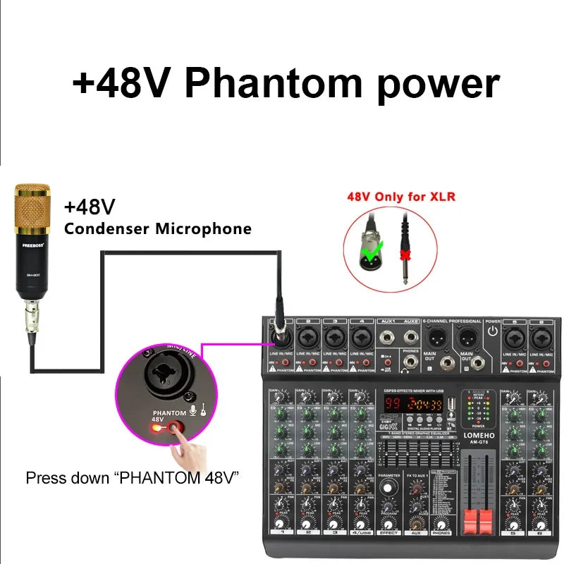 LOMEHO 7 Band EQ Audio Sound Mixer Table 6/8 Channel Mixing DJ Console with USB 2 AUX Output Individual 48V 99 Effect  AM-GT6/8