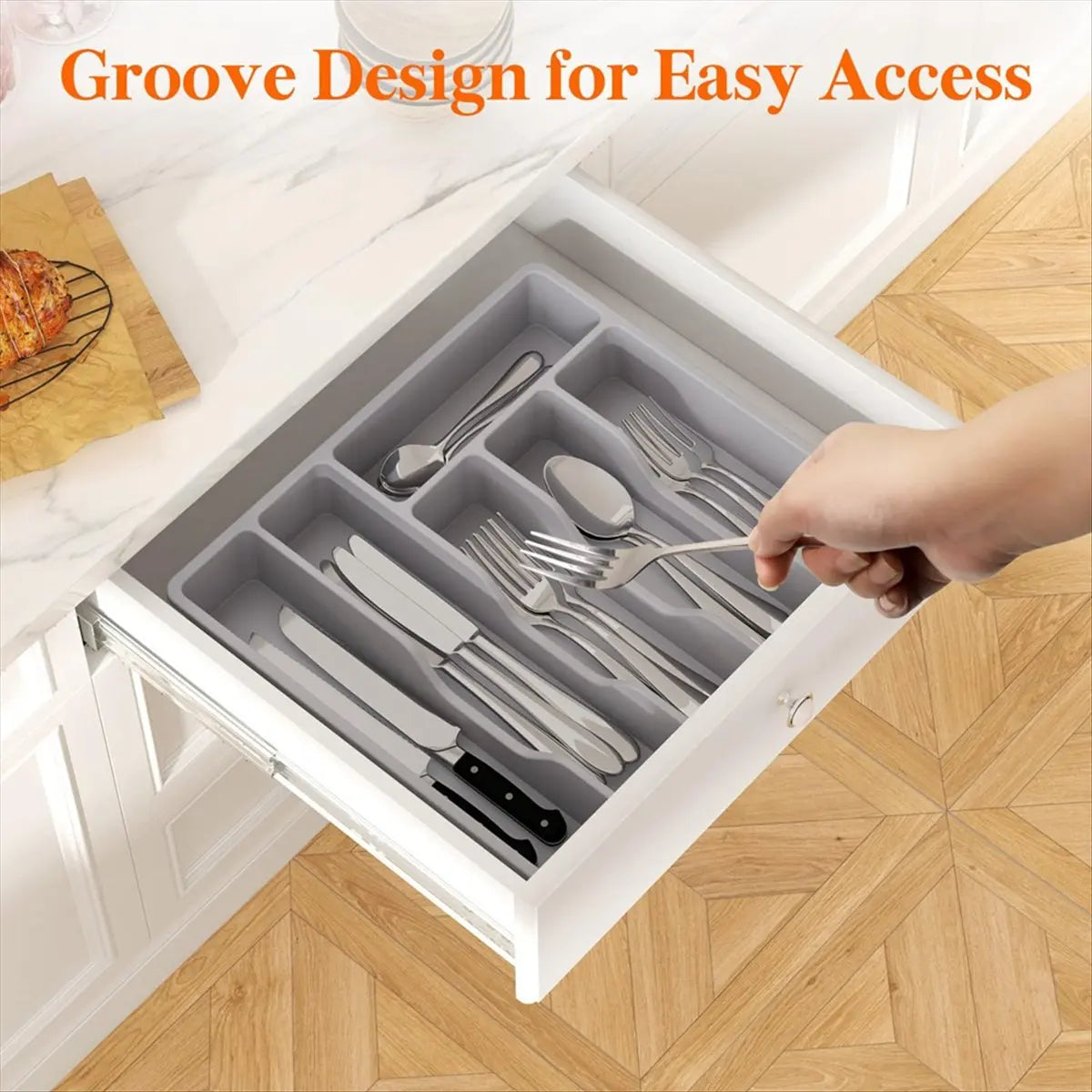 [CLOS] Silverware Organizer with Lid,Covered Utensil Tray for Kitchen Drawer and Countertop, Plastic Cutlery and Flatware Gray