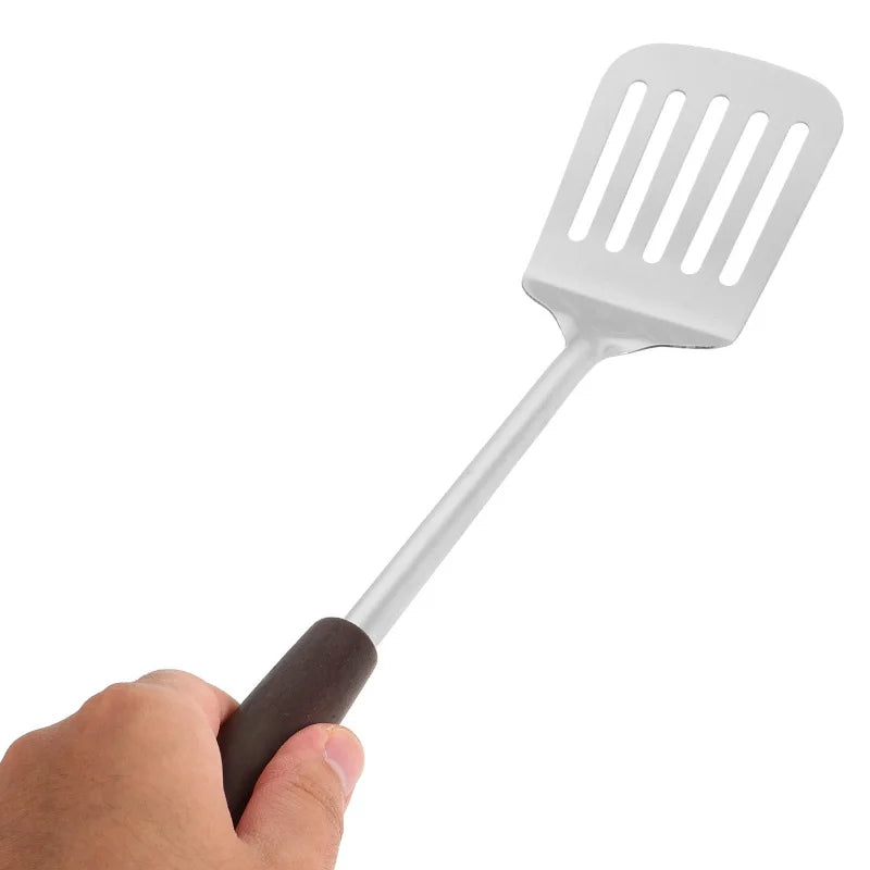 Stainless Steel Wooden Handled Kitchen Utensil Kit with Long Spatula Ladle Slotted Skimmer Spoon for Wok Stir Frying And Soup Co