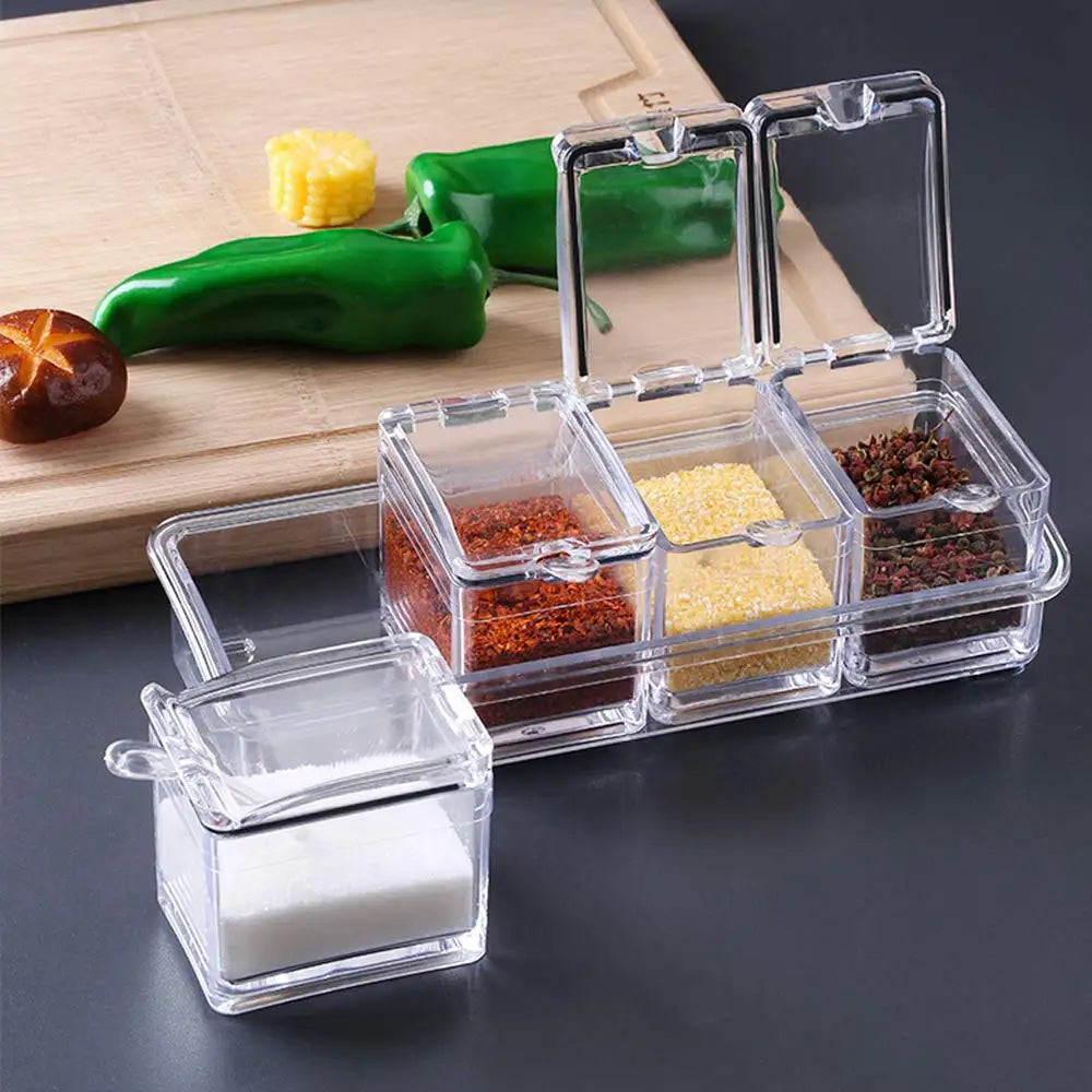 Kitchen Accessories Gourmet Acrylic Seasoning Box with 4 Serving Spoons Spice Jar Set Condiment Cruet Bottle Kitchen Supplies