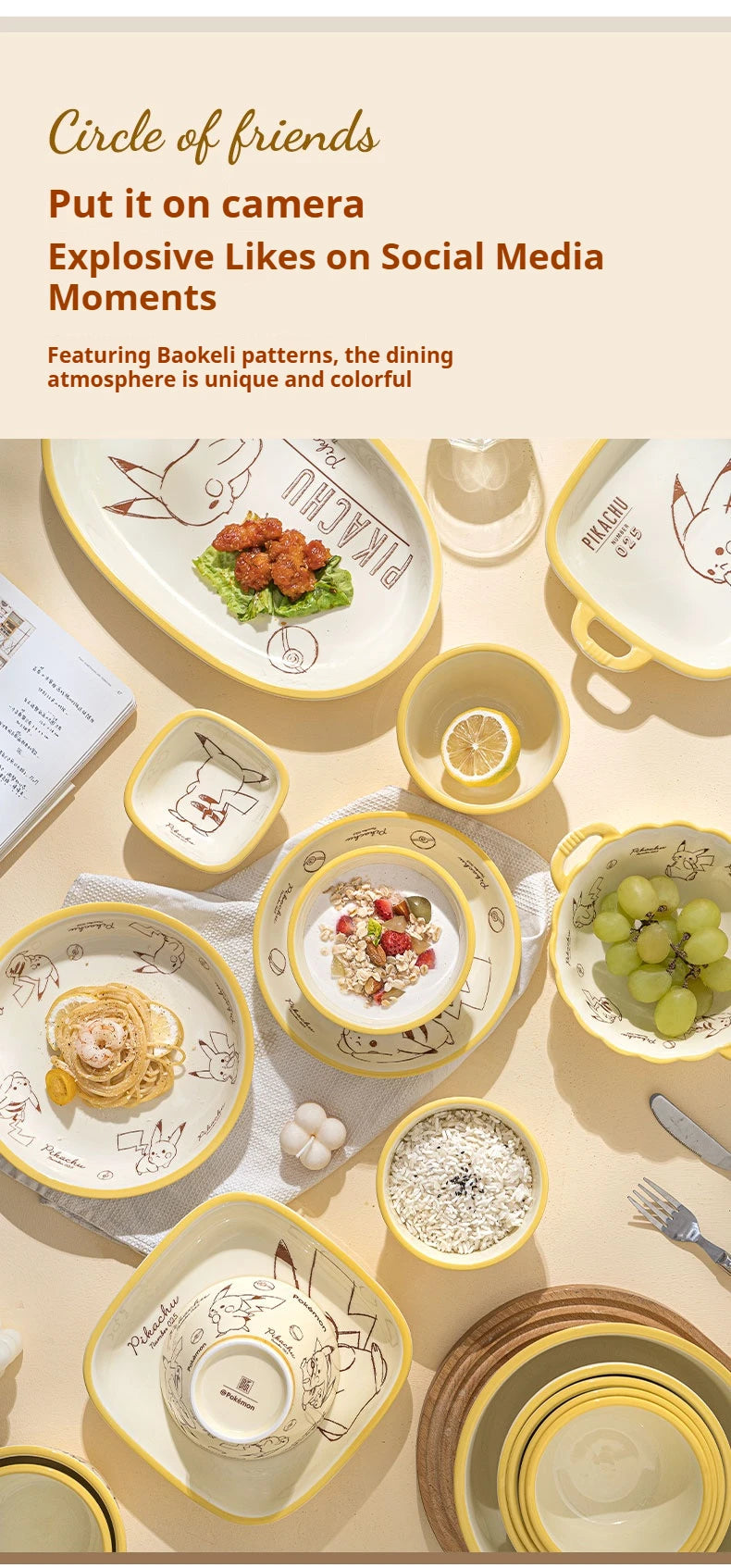 Pokemon Officially Licensed Ceramic Tableware Set Bone China Plates Dinner Sets Microwave Safe Dinnerware Set for Home Bowl Set