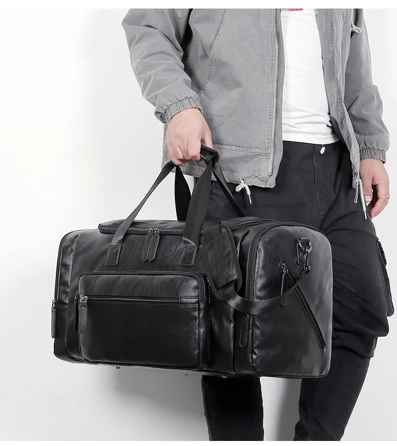 Geestock Business Men PU Leather Gym Duffel Bag Large Capacity Sports Travel Tote Handbag For Male Fitness Vintage Luggage Bag