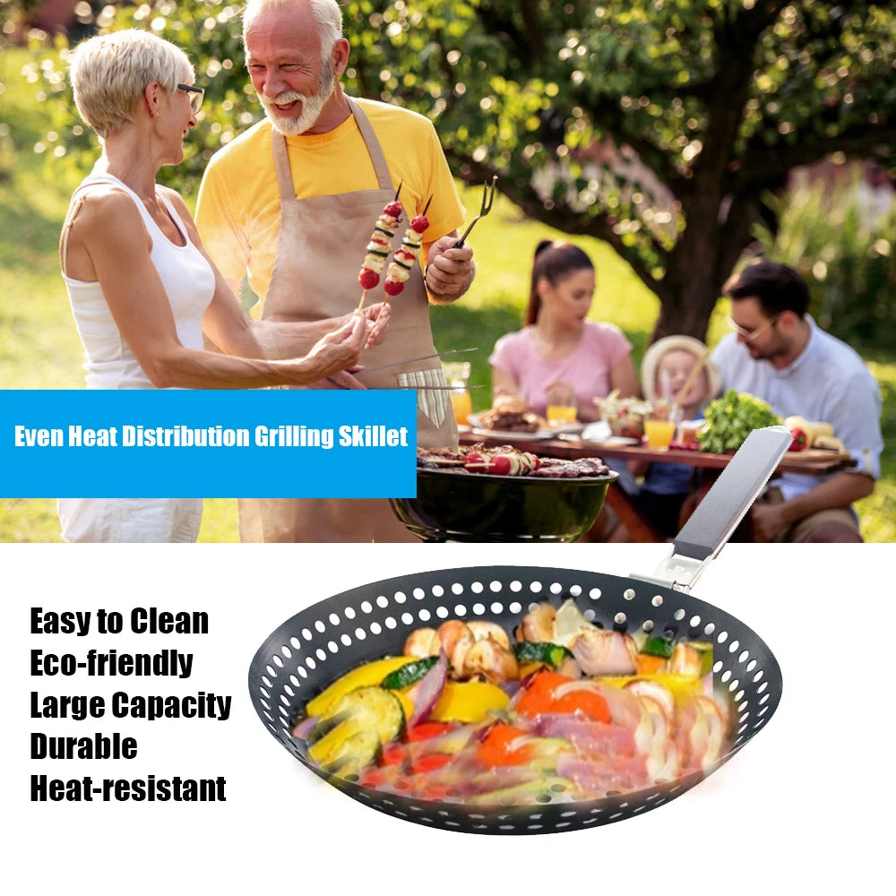 Grilling Skillet Non-stick Metal Folding Wooden Handle with Holes Removable Handle for Outdoor Grill Topper Barbecue Pan