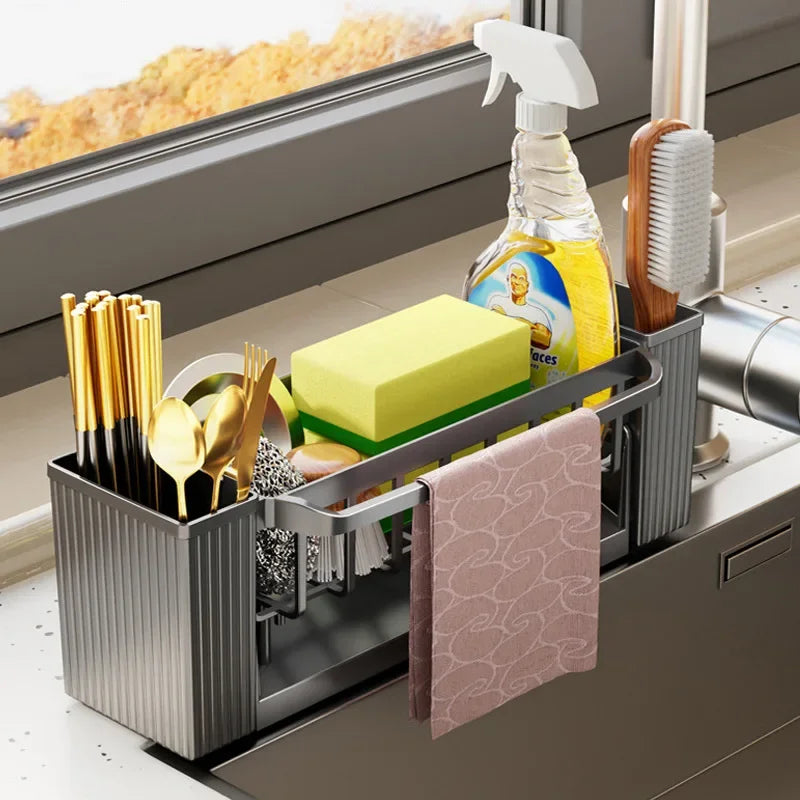 Kitchen Cleaning Tools Storage Rack Cleaning Sponge Cleaner Drainage Rack Plastic Multifunctional Dishcloth Rod Cutlery Holder