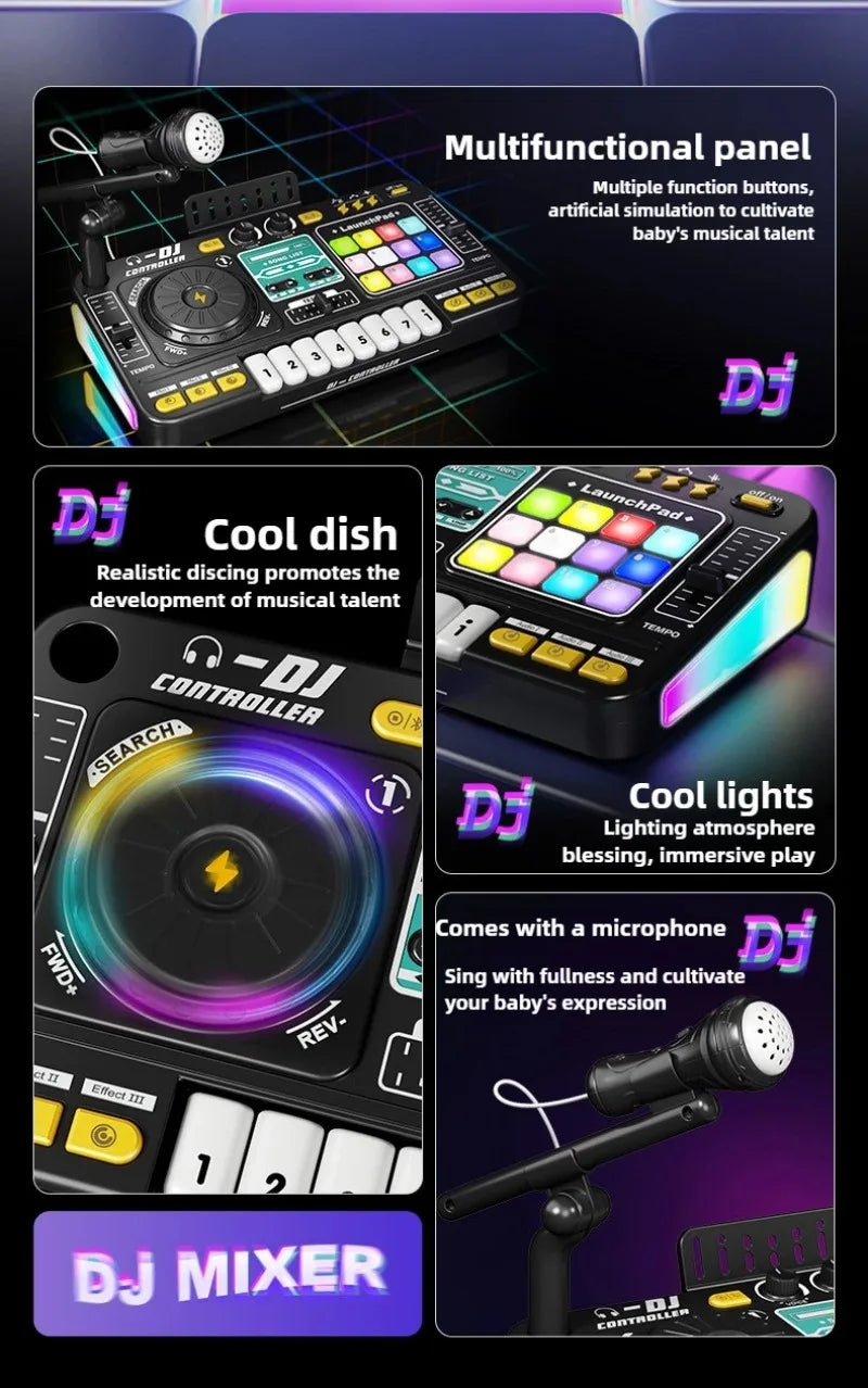 Kid DJ Mixer with Microphone Multifunctional Electronic Piano Keyboard Bluetooth DJ Turntable Controller Kid Musical Instrument