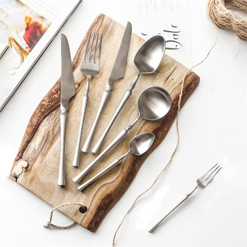 Silver Matte 304 Stainless Steel Cutlery Set Slim Complete Knife Spoon Fork Sets Household Dinner Breakfast Table Accessories