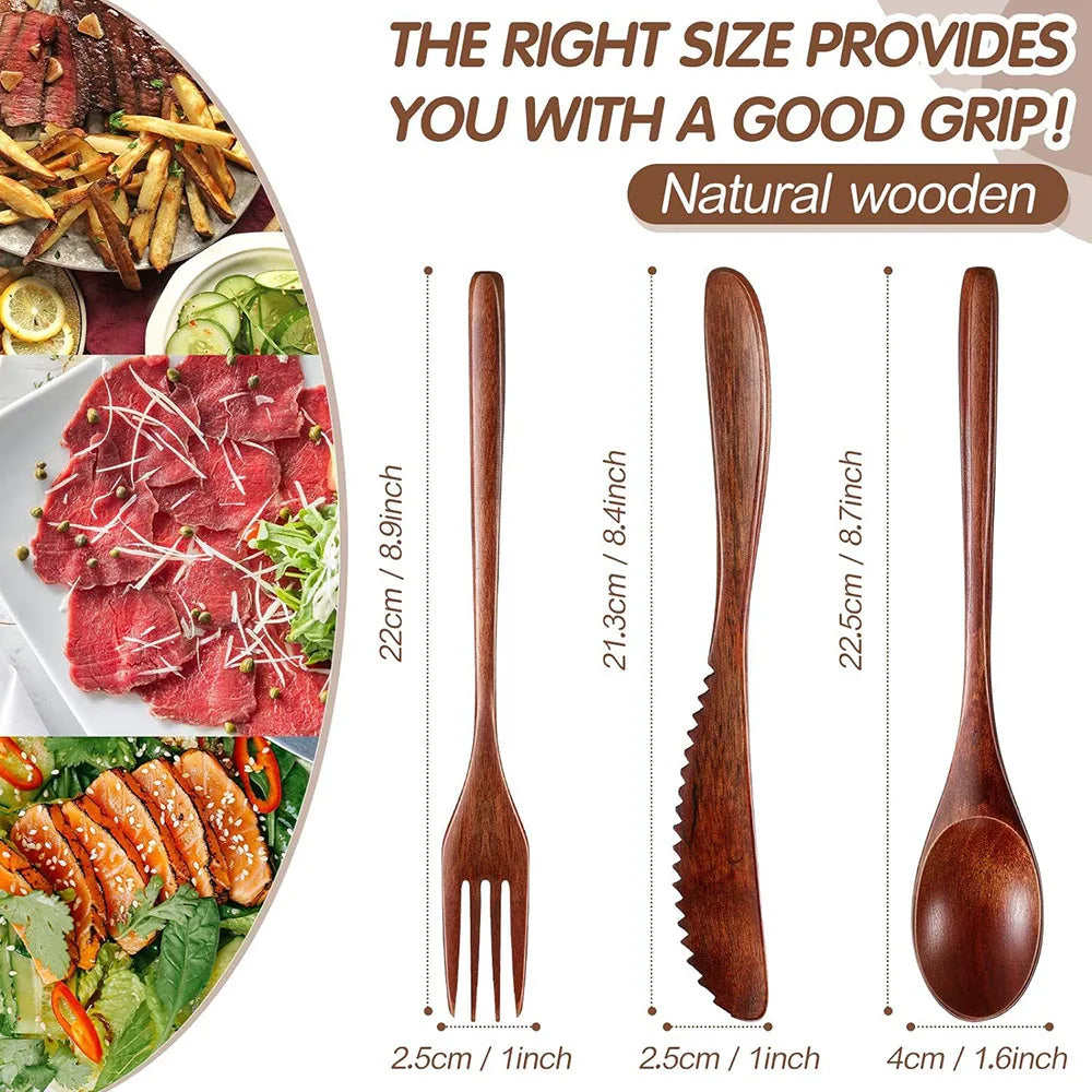 Wooden Cutlery Set For Dinner, Kitchen Flatware Tableware Utensil Set Includes Spoon, Fork, Knife