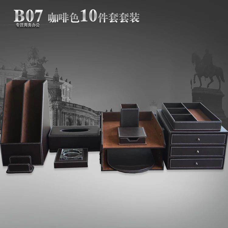 High-End Business Leather Office Supplies Set, Pen Holder, Desktop File Cabinet, Desktop Storage Box