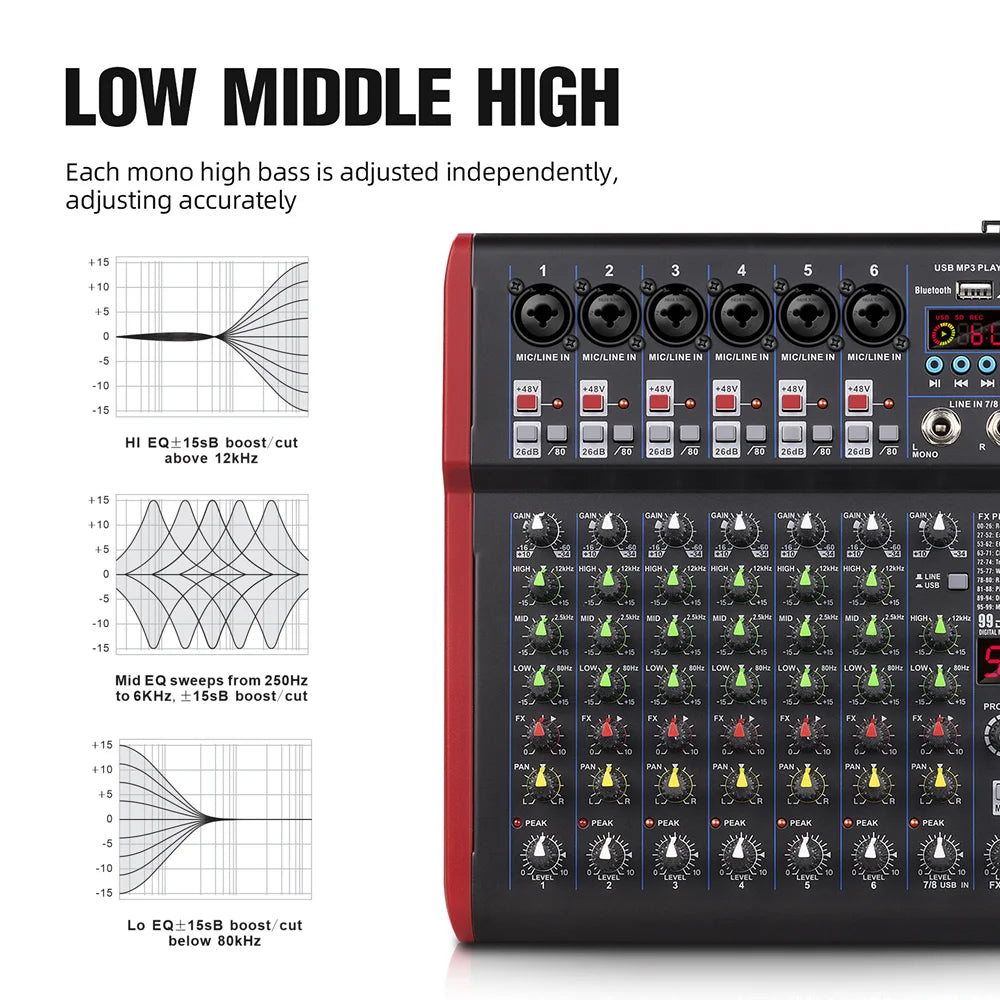 4 6 8-channel portable audio mixer, 99 DSP digital effects, Bluetooth 5.0 USB tuner for DJ consoles, karaoke, music festivals