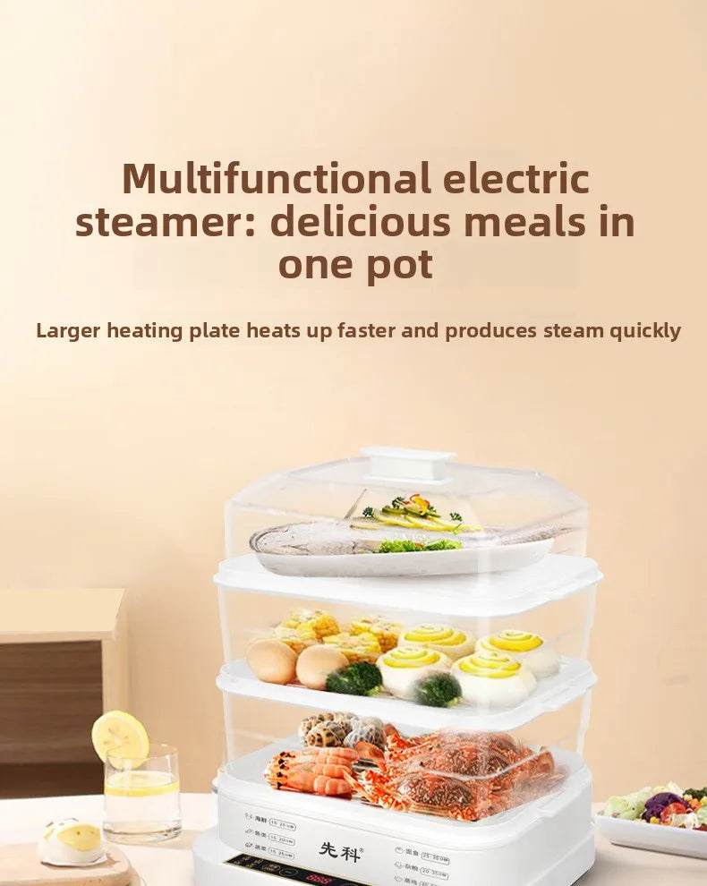 Electric Steamer Multi-Functional Three-Layer Breakfast Maker with Large Capacity, Keep Warm, Pre-Set Timer
