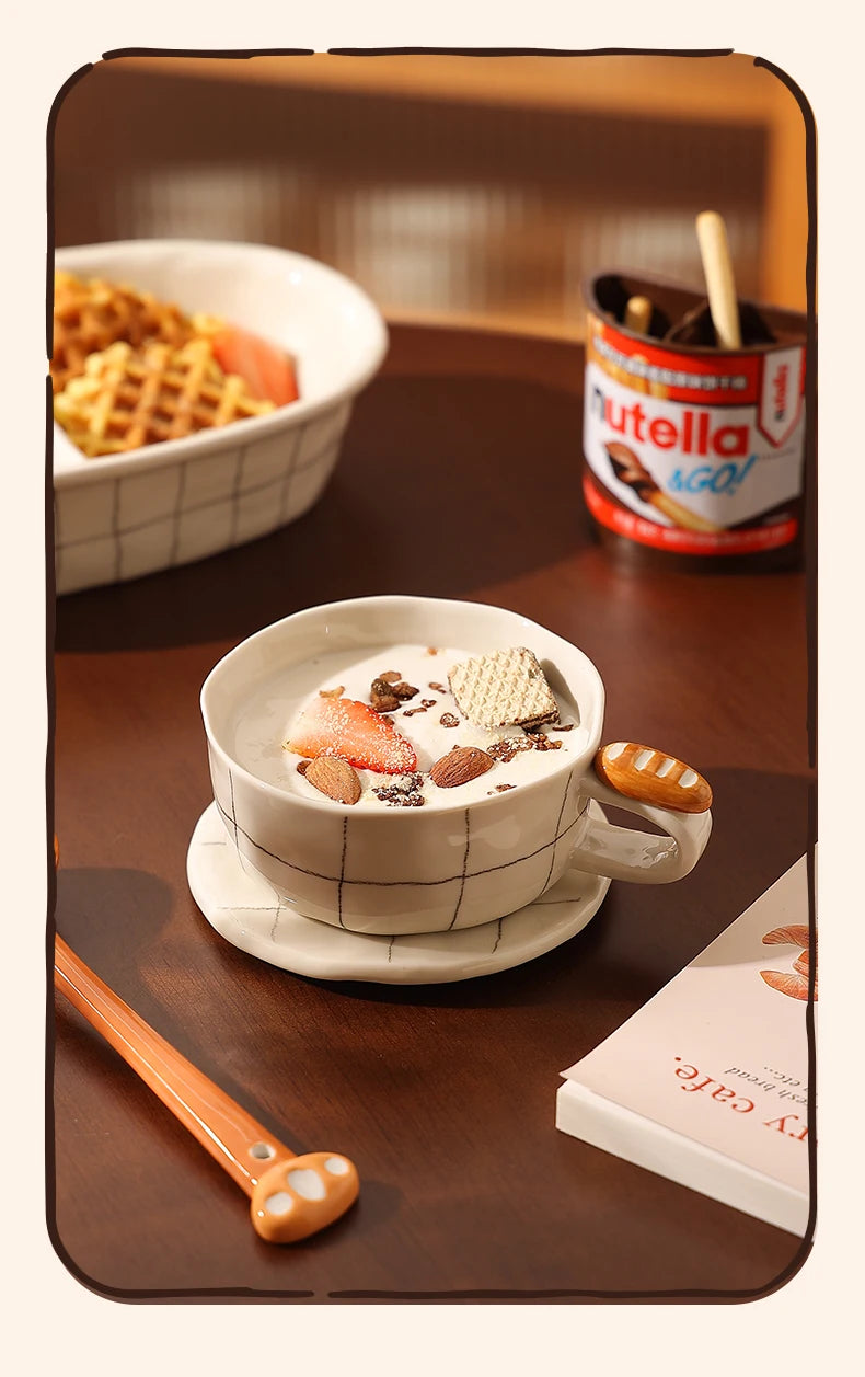 Beautiful Ceramic Breakfast Plate Dinnerware Set Coffee Cup Divided Plate Korean Style Casual Cartoon Pattern Home Use