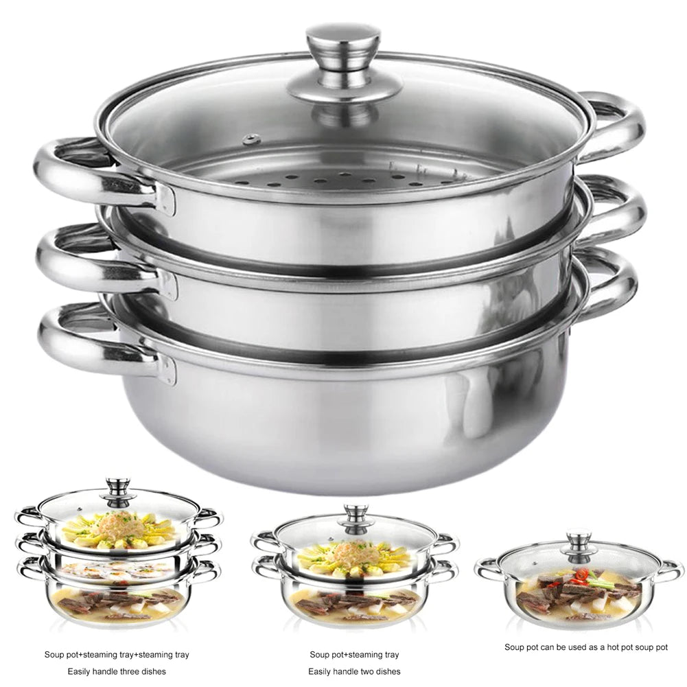 3 Tier Steamer Pot for Cooking with Lid Stainless Steel Steam Pot Multipurpose Steamer for Vegetable Dumpling Stock Sauce Food