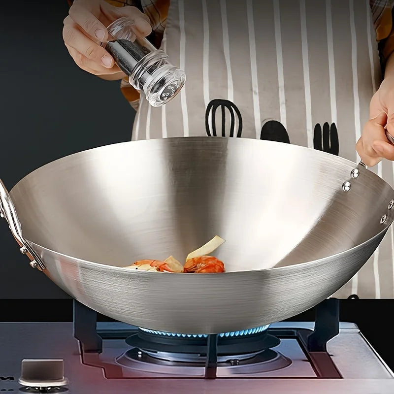 1PCS Large Stainless Steel Wok, Uncoated Thick High-Quality Durable Chef'S Pan with Dual Handles, Easy to Clean for Commercial