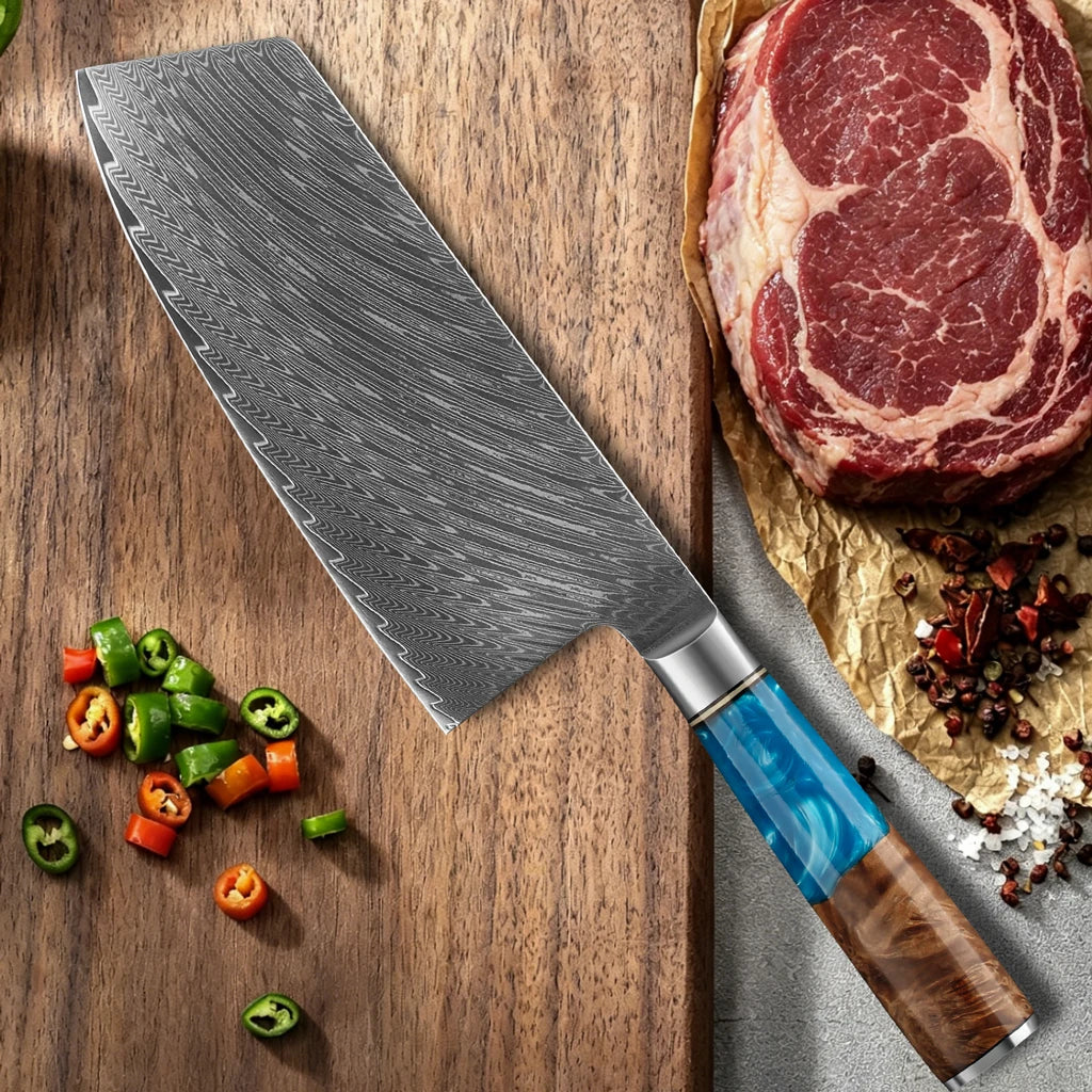 Kitchen Knives-Set Damascus Steel Cleaver Knife Nakiri Knife Meat Vegetable Blue Resin Handle set