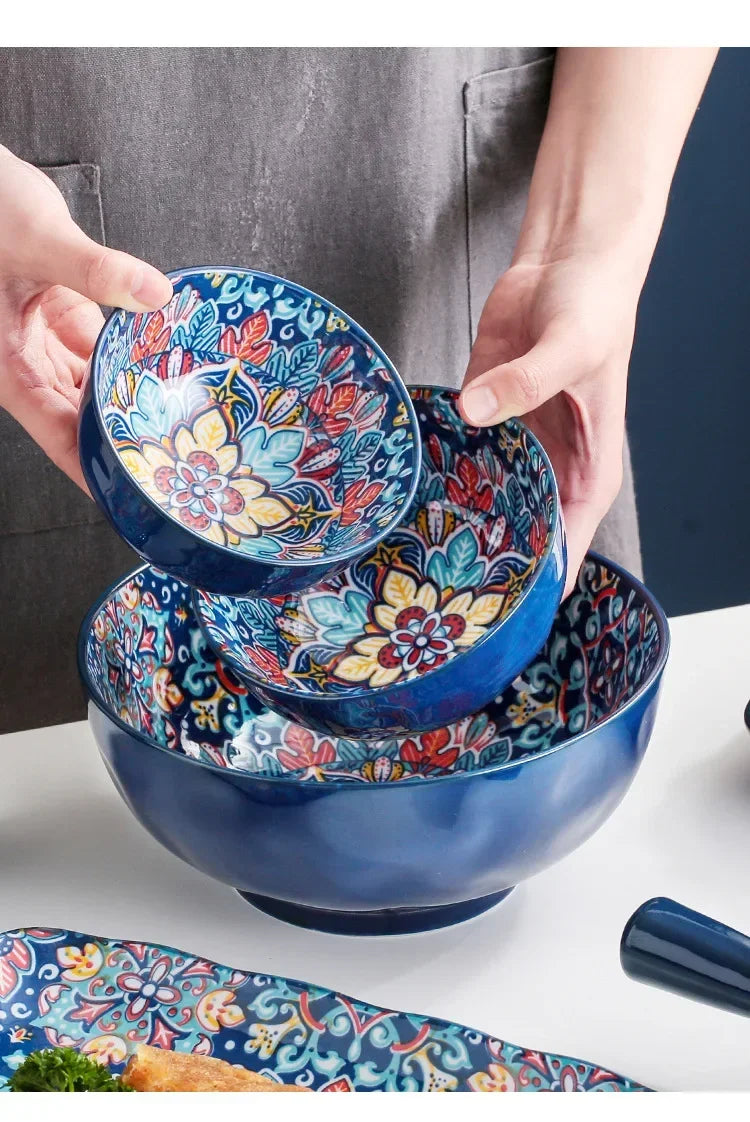 Bohemia Ceramic Rice Bowl Serving Plate Creative Ceramic Cutlery Soup Noodle Bowl Household Handle Bowl Sauce Dish