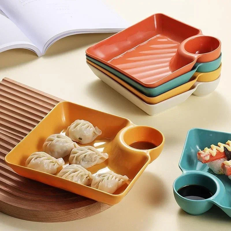 4pcs Easter Themed Chips & Dip Plates, Plastic Dumpling Serving Platter with Dipping Cup, Divided Snack Dishes for Appetizer