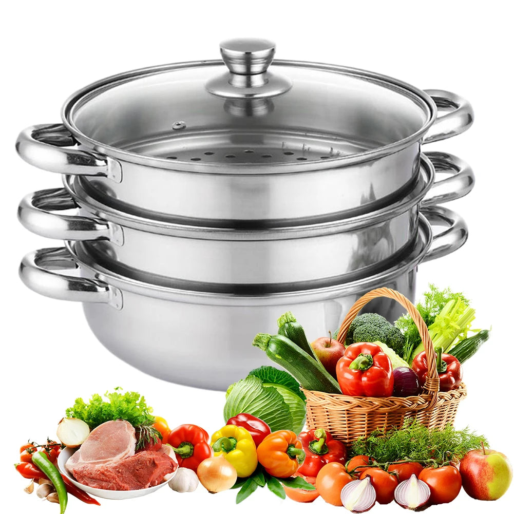 3 Tier Steamer Pot for Cooking with Lid Stainless Steel Steam Pot Multipurpose Steamer for Vegetable Dumpling Stock Sauce Food