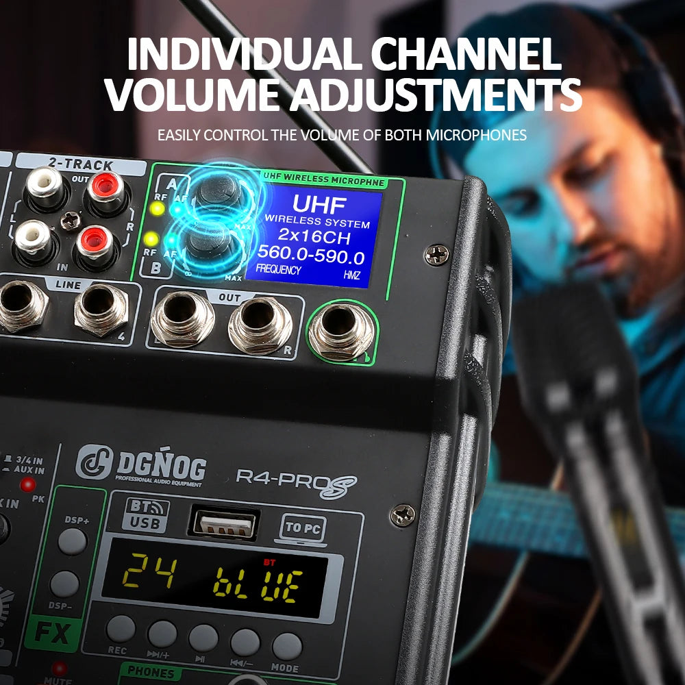 4 Channel Karaoke Audio Mixer with Dual UHF Wireless Microphone USB Bluetooth DJ Mixer for Party Computer Studio Recording DGNOG