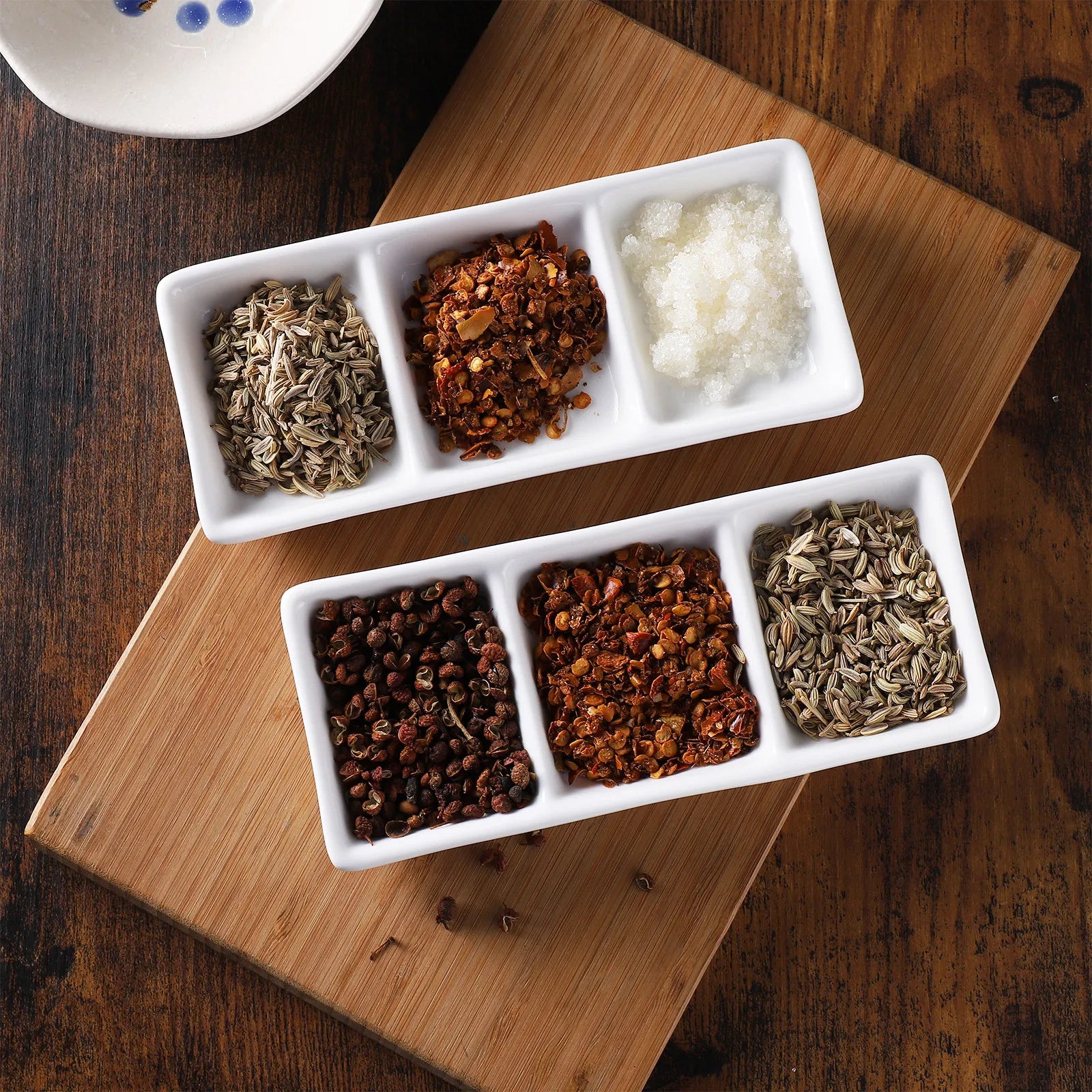 2Pcs Rectangular Ceramic Sauce Serving Tray 3-Compartment Appetizer Dish for Spice Soy Dips Appetizer Serving Tray