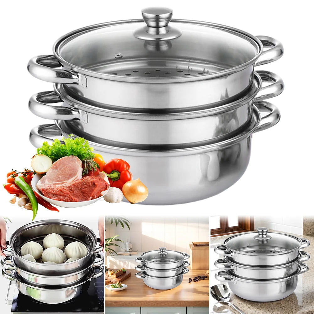 3 Tier Steamer Pot for Cooking with Lid Stainless Steel Steam Pot Multipurpose Steamer for Vegetable Dumpling Stock Sauce Food