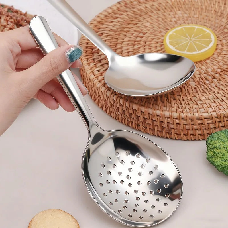Stainless Steel Serving Spoons Round Fruit Food Scoop Dining Soup Rice Spoon Heat Insulated Handle Kitchen Restaurant Ladles