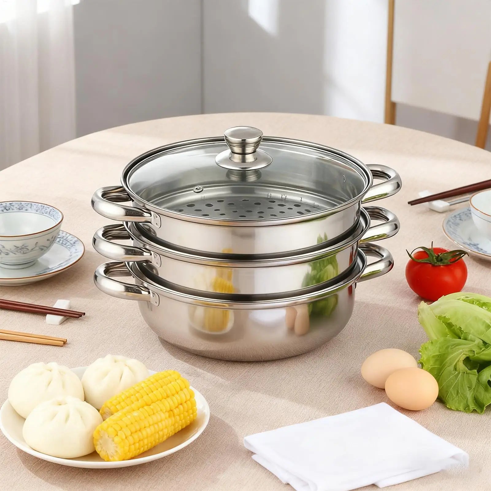 Steamer Pot for Cooking, Glass Lid Multi-Functional Stainless Steel Kitchen Cooking Steamer for Family Gathering Meal Prep