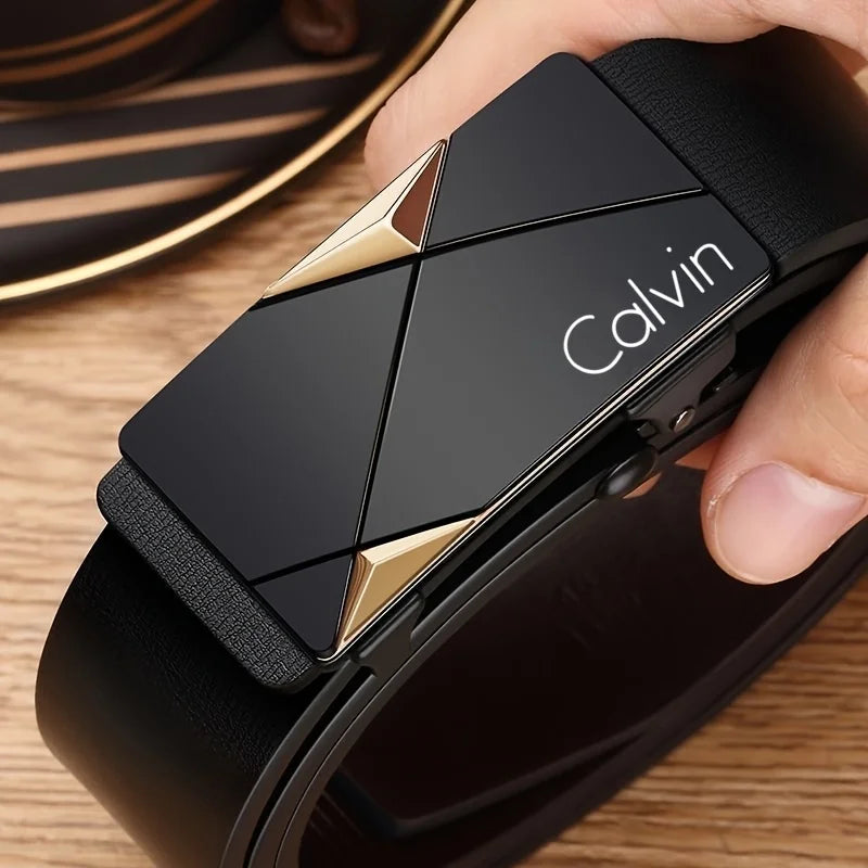 Men's automatic buckle belt-business casual PU leather belt alloy buckle, simple design, standard size, suitable for office