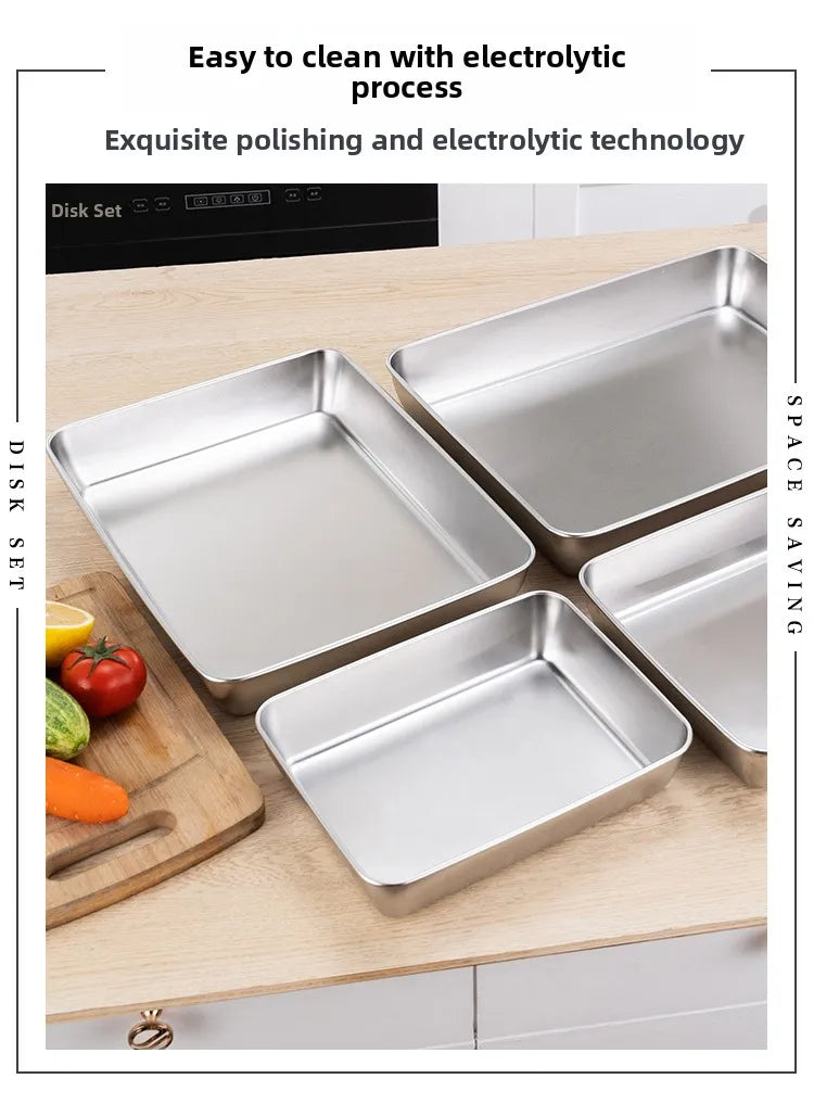Stainless Steel Thickened Flat Bottom Rectangular Dish with Lid for Baking Steaming Dessert Dish Restaurant Fast Food Platter